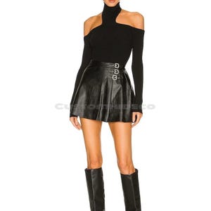 Handmade Black Leather Mini Skirt: High-Waist Buckle Skater Style