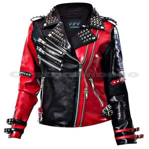 Women’s 80s Punk Leather Biker Jacket | Red Black Studded Motorcycle Coat | Real Leather Rock Jacket | Handmade, Gift for Her