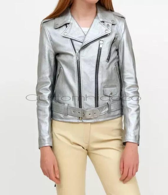 Silver Metallic Lambskin Leather Biker Jacket: Cropped Moto Coat