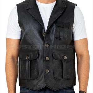 Handmade Black Leather Biker Vest: Genuine Cowhide Waistcoat