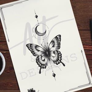 Diseño de tatuaje de mariposa y luna místicas: descarga digital