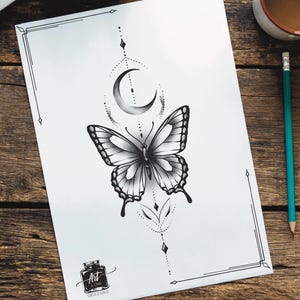 Diseño de tatuaje de mariposa celestial: luna y estrellas. Descarga digital instantánea. Único y elegante.