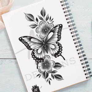 Detailed Butterfly & Floral Tattoo Design - Instant Digital Download - Ready for Your Artist