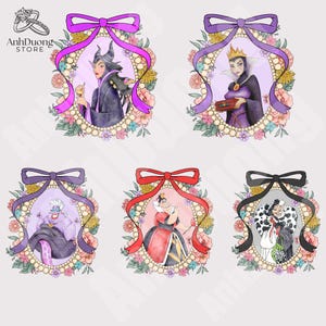Cartoon Magical Mirror Bow Png Bundle, Villain Princess Coquette Png,Family Trip, Watercolor Villain Coquette Bow Png, Digital Download File
