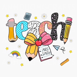 Custom Teacher Name Png, Preppy Teacher Pencil Coquette Bow Doodle Png, Preppy Teacher Love Inspire Leopard, Teacher Checkered Png, Png File