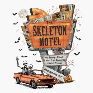 The Skeleton Motel PNG, Retro Funny Halloween Shirt Design, Haunted House Sublimation, Trendy Spooky Halloween Clipart, Horror PNG Download