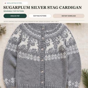 Stickmönster för julkofta, vuxen, sockerplum silverfärgad hjortkofta, engelsk PDF-nedladdning