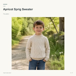 Kids Sweater Knitting Pattern, Bottom Up & Cables, Apricot Sprig, English PDF