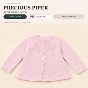 May include: A digital knitting pattern titled PRECIOUS PIPER for a children's knitted garment. The image displays a light pink long-sleeved cardigan with a round neckline, a ribbed yoke, and a vertical row of five matching pink buttons down the front.
