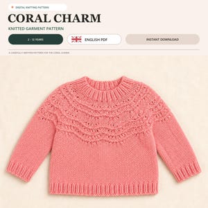 May include: A coral-colored knitted sweater featuring a round neckline with ribbed trim, long sleeves with ribbed cuffs, and a decorative scalloped lace pattern across the yoke. The image includes text reading CORAL CHARM KNITTED GARMENT PATTERN.