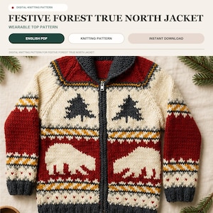 May include: A digital knitting pattern for a Festive Forest True North Jacket. The jacket is a zip-up knit featuring a dark gray collar, red and cream sections, and patterns of dark gray pine trees and white polar bears on a red background.