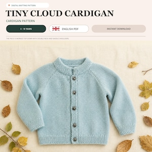 May include: A light blue knitted cardigan with long sleeves, a ribbed crew neckline, and five dark buttons down the front. The text at the top reads Tiny Cloud Cardigan, Digital Knitting Pattern, 3-14 Years, English PDF, and Instant Download.