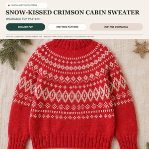 Könnte beinhalten: Eine digitale Strickanleitung für einen roten Pullover mit dem Titel SNOW-KISSED CRIMSON CABIN SWEATER. Der Pullover hat ein weißes und beiges Fair-Isle-Muster an Brust und Schultern sowie einen gerippten Kragen, Bündchen und Saum.