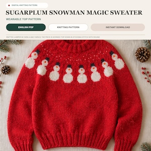 May include: A digital knitting pattern for a red jumper titled SUGARPLUM SNOWMAN MAGIC SWEATER. The jumper features a circular yoke with a repeating pattern of white snowmen wearing black hats against the red background and ribbed cuffs.