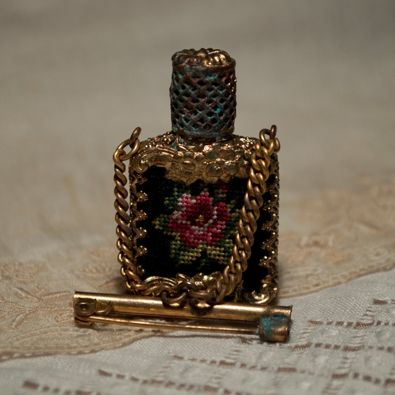 Perfume Bottle Brooch Vintage Brass Black Petite Needlepoint Etsy