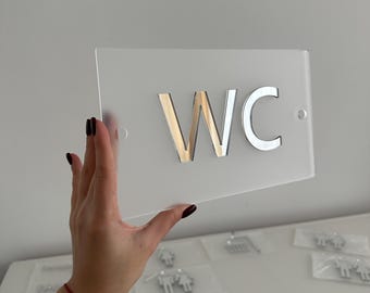 Acrylic Bathroom Sign with Mirror Icons, Unisex Toilet Door Plaque, Modern WC Symbol for Home Hotel Cafe Decor, Shower Restroom Wall Label