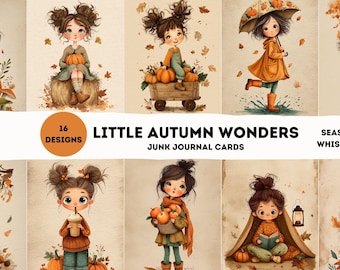 Karty do dziennika „Little Autumn Wonders Junk Journal” – 16 ilustracji jesiennych dziewczynek, przytulne jesienne pamiątki, zestaw do scrapbookingu do druku, uroczy dziennik jesiennych śmieci