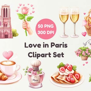 Amor en París: conjunto de imágenes prediseñadas románticas, ilustración de moda, PNG estético de París, 50 elementos del día de San Valentín, 300 DPI