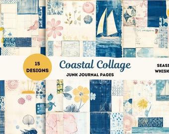 Kustcollage ongewenste dagboekpagina's, oceaan patchwork digitaal papier, plakboekset aan zee, nautische afdrukbare kortstondige ephemera, stranddagboek