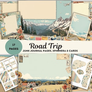 Road Trip Junk Journal Kit – 17 Printable Vintage Travel Pages, Ephemera, Cards & Tags – Retro USA Highway Scrapbook Supplies