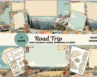 Kit para Diário de Viagem com Tema Vintage – 17 Páginas Imprimíveis com Imagens de Viagem, Recortes, Cartões e Etiquetas – Suprimentos para Scrapbook com Tema de Estradas Retrô dos EUA