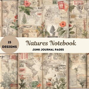 Cuaderno de Naturaleza: Páginas vintage de diario con flores y mapas, kit imprimible de efímeras de viaje, 15 hojas de diario digital