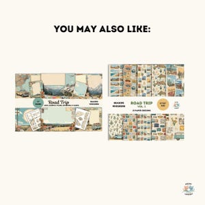 Pode incluir: Uma cole&ccedil;&atilde;o de papel de scrapbook e ef&ecirc;meras com tema de viagem. Os designs incluem mapas vintage, paisagens e ilustra&ccedil;&otilde;es de ve&iacute;culos. O texto inclui "Road Trip" e "Seaside Whiskers". O papel mede 30,48 cm x 30,48 cm.