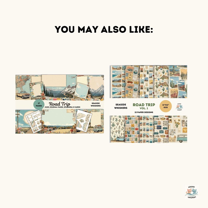 Pode incluir: Uma cole&ccedil;&atilde;o de papel de scrapbook e ef&ecirc;meras com tema de viagem. Os designs incluem mapas vintage, paisagens e ilustra&ccedil;&otilde;es de ve&iacute;culos. O texto inclui "Road Trip" e "Seaside Whiskers". O papel mede 30,48 cm x 30,48 cm.
