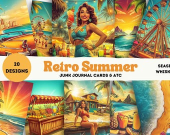 Retro Summer Posters - Junk Journal Cards, Vintage Travel Ephemera, ATC Cards, Summer Scrapbook Printables, 20 Designs