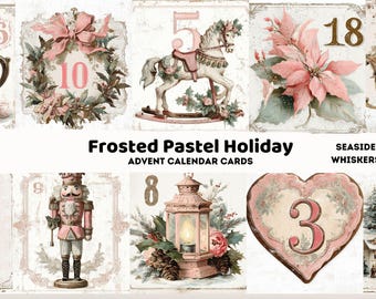 May include: A collection of Frosted Pastel Holiday Advent Calendar Cards. The cards feature vintage-style illustrations with numbers, including a rocking horse, poinsettias, and a nutcracker. The color palette is soft pinks and greens.