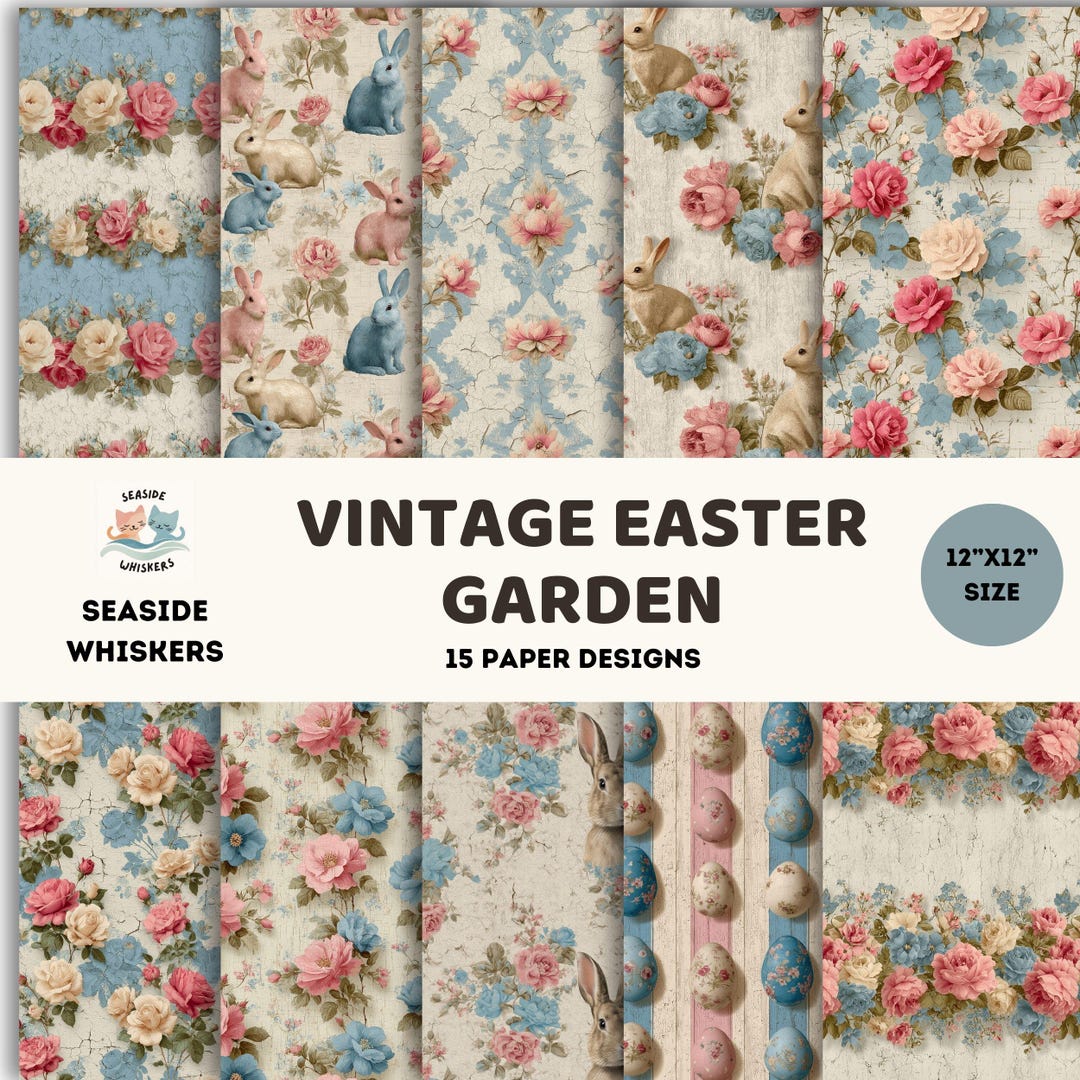 Vintage Easter Garden Digital Paper Pack, Easter Bunny Scrapbook Paper ...