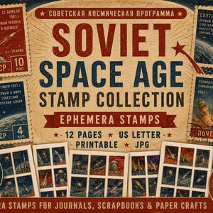 Sellos espaciales soviéticos para imprimir / Material efímero del programa espacial de la URSS / Sellos postales Cosmos vintage / Kit para diario creativo / Láminas de collage espacial retro
