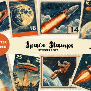 Puede incluir: Un conjunto de pegatinas de estilo vintage con temática espacial que representan cohetes, planetas, astronautas y ovnis. Las pegatinas están diseñadas para parecer sellos postales con números y texto. El texto en las pegatinas dice "Space Stamps Stickers Set", "US Letter A4 Paper", "Seaside Whiskers", y "12", "14", "16", "18", "24", "25", y "3".