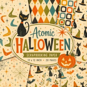 May include: A collection of Atomic Halloween scrapbooking paper featuring a central oval label with the text Atomic HALLOWEEN SCRAPBOOKING PAPER 12 x 12 INCH 20 PAGES. The patterns include black cats, pumpkins, witch hats, bats, and stars.