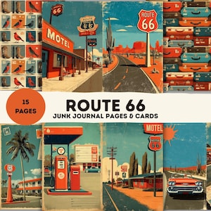 Route 66 Junk Journal Kit – 15 Vintage Travel Collage Pages & Cards | Printable Retro Road Trip Ephemera | USA Highway Journal Scrapbook