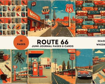 Kit de diario basura de la Ruta 66: 15 páginas y tarjetas de collage de viajes vintage / Efímeras imprimibles de viajes por carretera retro / Álbum de recortes de diario de carreteras de EE. UU.
