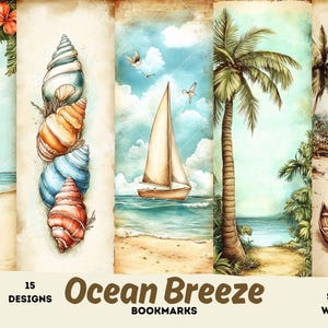 Marcadores Ocean Breeze – 15 designs, 2 x 6 polegadas, tamanho carta, enfeites de diário de lixo para impressão, conjunto de marcadores com tema de oceano, decoração costeira