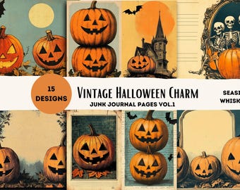 Páginas de diario basura "Vintage Halloween Charm Vol. 1": 15 hojas imprimibles de calabazas y esqueletos retro, papel de scrapbooking espeluznante