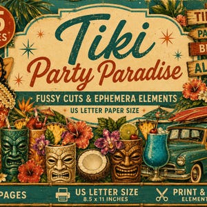 Peut inclure: Un pack de papier numérique intitulé Tiki Party Paradise comprenant 25 pages d'éléments éphémères. Le design inclut des illustrations de danseuses de hula, de mugs tiki, de fleurs tropicales, d'un break en bois et des panneaux indiquant 21,6 par 27,9 cm.