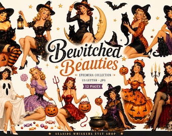 May include: A digital ephemera collection titled Bewitched Beauties featuring twelve pages of vintage-style illustrations of witches, ghosts, and devils with pumpkins, black cats, lanterns, and candy, presented in a US letter format as JPG files.