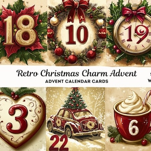 May include: A collage of retro Christmas-themed advent calendar cards. Each card features a festive design with numbers, wreaths, and holiday imagery. The text "Retro Christmas Charm Advent" is displayed.