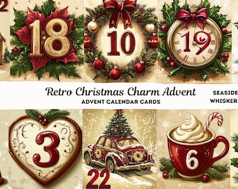 Retro Christmas Advent Calendar Cards | Vintage Holiday Ephemera | Printable Countdown Numbers for Junk Journal, Scrapbook & Crafts