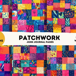 Pode incluir: Um mosaico de 10 desenhos coloridos para o diário de sucata. Os desenhos apresentam uma variedade de padrões, incluindo florais, geométricos e abstratos. O texto "Patchwork Junk Journal Pages" e "Seashore Whiskers" é visível na parte superior da imagem.