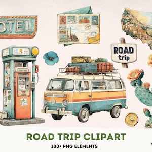 Puede incluir: Ilustraciones en acuarela con temática de viaje por carretera. Incluye una furgoneta vintage con equipaje, un letrero de motel, una gasolinera, cactus, un mapa de EE. UU. y un letrero que dice "Road Trip". El texto en la parte inferior dice "Road Trip Clipart".
