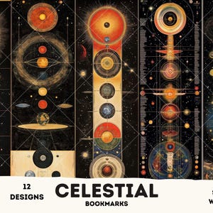 Conjunto de marcadores celestiais – 12 designs – Estilo retrô – Designs de marcadores imprimíveis – 2x6 polegadas – Papel de carta