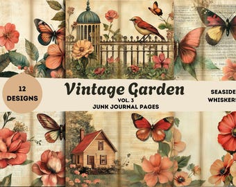 Vintage Garden Vol.3 Junk Journal Pages – Aged Botanical Paper, Antique Book, Printable Floral Ephemera, Junk Journal Kit, Scrapbooking Set