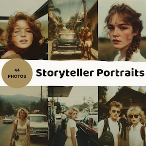 Puede incluir: Un collage de fotografías de estilo vintage. El texto "Storyteller Portraits" y "44 Photos" es visible. La estética general recuerda a la fotografía retro, con un enfoque en la captura de momentos espontáneos y vistas panorámicas.