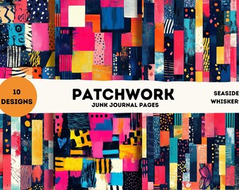 Puede incluir: Un collage digital de 10 diseños de patchwork coloridos con formas geométricas, rayas, lunares y patrones abstractos. Los diseños están etiquetados como "Patchwork Junk Journal Pages" y "Seaside Whiskers".