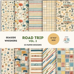 Road Trip Scrapbook Bundle Vol. 2 – 15 Vintage Travel Digital Papers 12x12” Road Trip Printable Backgrounds Retro Adventure Journal Paper