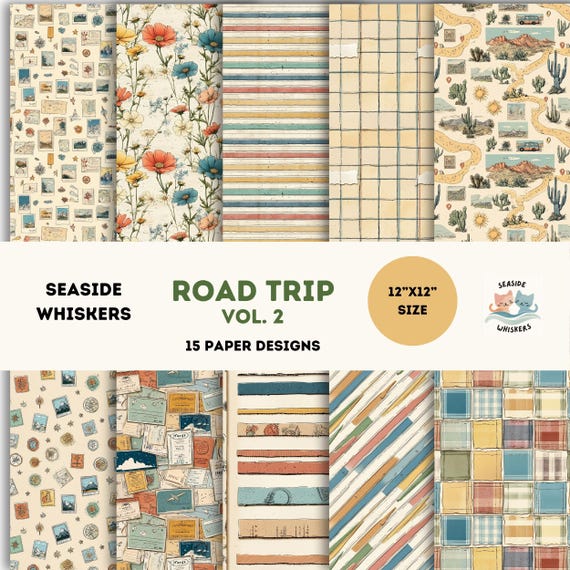 Road Trip Scrapbook Bundle Vol. 2 – 15 Vintage Travel Digital Papers 12x12” Road Trip Printable Backgrounds Retro Adventure Journal Paper